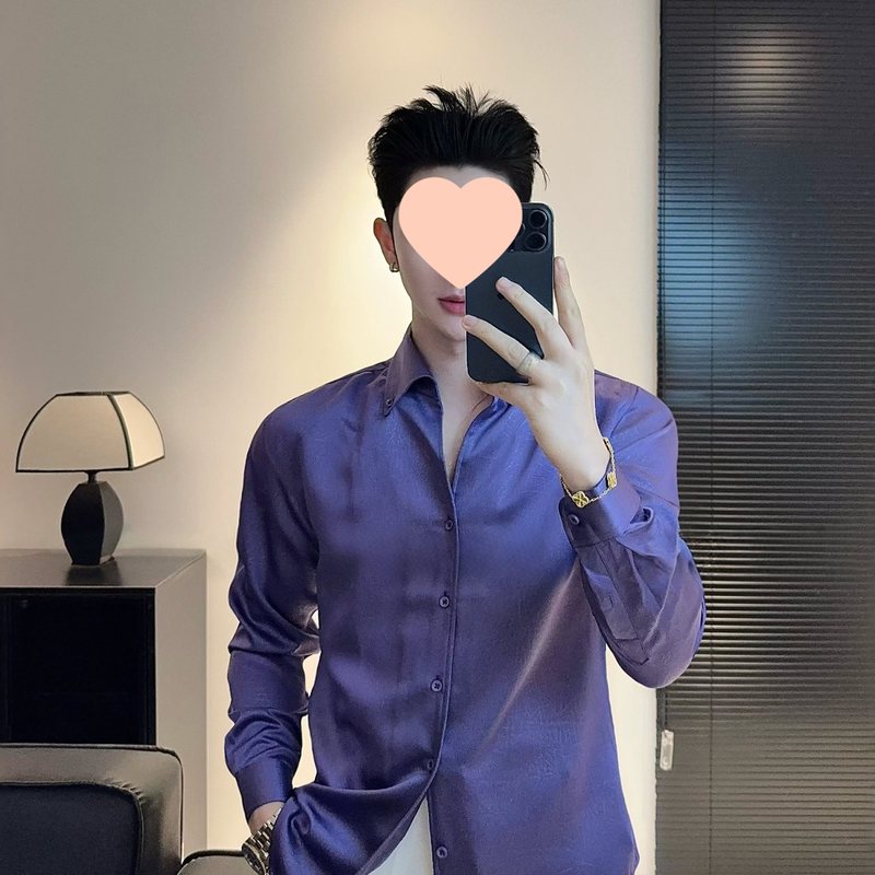 青年男士新款醋酸缎面质感痞帅长袖衬衣百搭小众设计感衬衫上衣男|undefined
