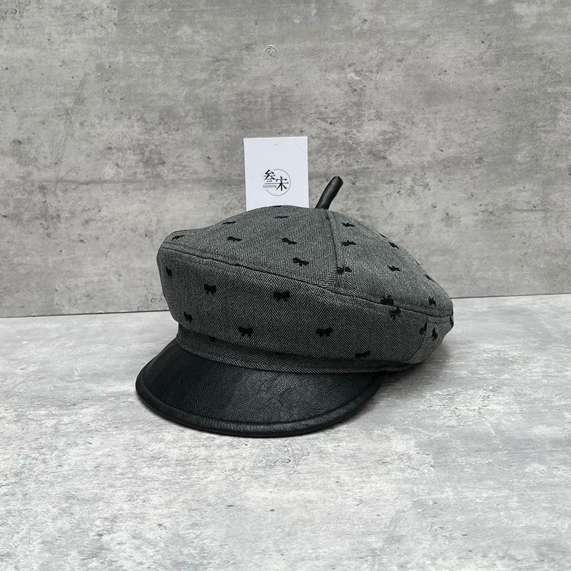 时尚新款蝴蝶结千金感复古灰色韩系八角帽百搭显脸小贝雷帽PU皮檐|undefined