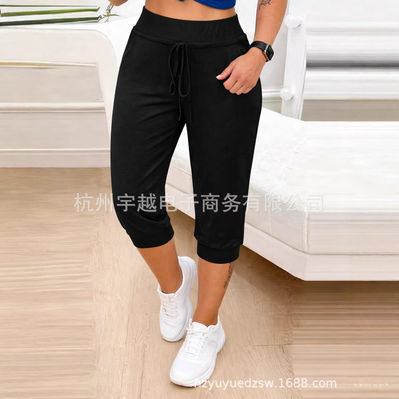 European and American large size Amazon wish AliExpress eBay elastic high waist drawstring lace solid color cropped pants