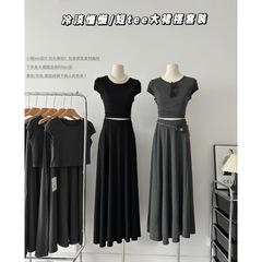 韓国系百合快適ショートギャル上着半袖tシャツ傘スカート女性夏スーツ半身ロングスカート2点セット