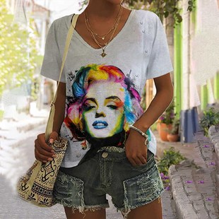 Foreign trade factory cross-border European and American women's V-neck top women portrait oil painting digital 3D printing short sleeve V-neck women