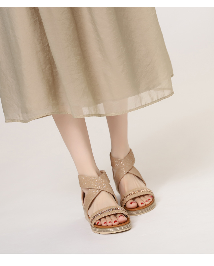 Rhinestone Woven Wedge For Women Summer New Bohemian Open-Toe Platform Roman Sandals_vogvips.com