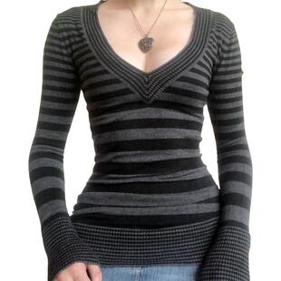 Q 42482 Y2K Striped V-neck Sweater Y2K �l�y V �Ië�¿羳