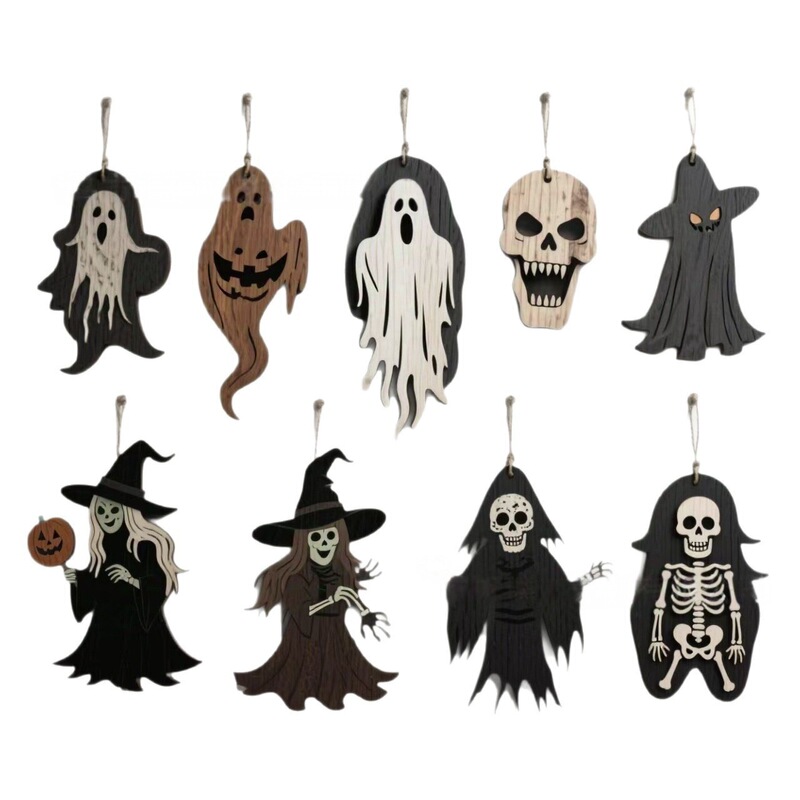 Halloween Ghost Ornaments万圣节木质幽灵蝙蝠蜘蛛节日装饰挂件|undefined