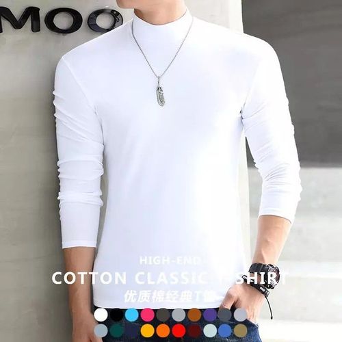 Cotton Half-High Collar Long-Sleeve T-Shirt for Men, Mid-Age, Thin Fit Base Shirt, Men's Tank Top, Solid Color Basic Large Size Top