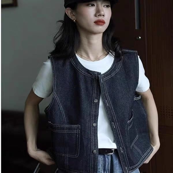 Vintage Denim Vest for Women, Summer Outerwear, Petite Slimming Short Loose Sleeveless Vest Jacket Top