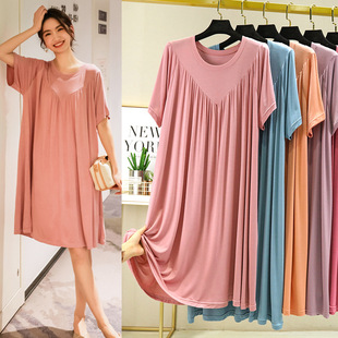 Modal Nightgown Summer Fat mm Loose Large Size Casual Short-Sleeved Dress V-Shaped Pleated Thin Home Long Skirt