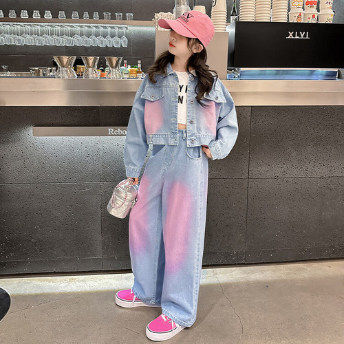 Girls' Little Fragrance Suit 2024 Spring Outfits Older Children's Dopamine Jacket Wide Leg Pants Two-piece Denim Suit Trendy
