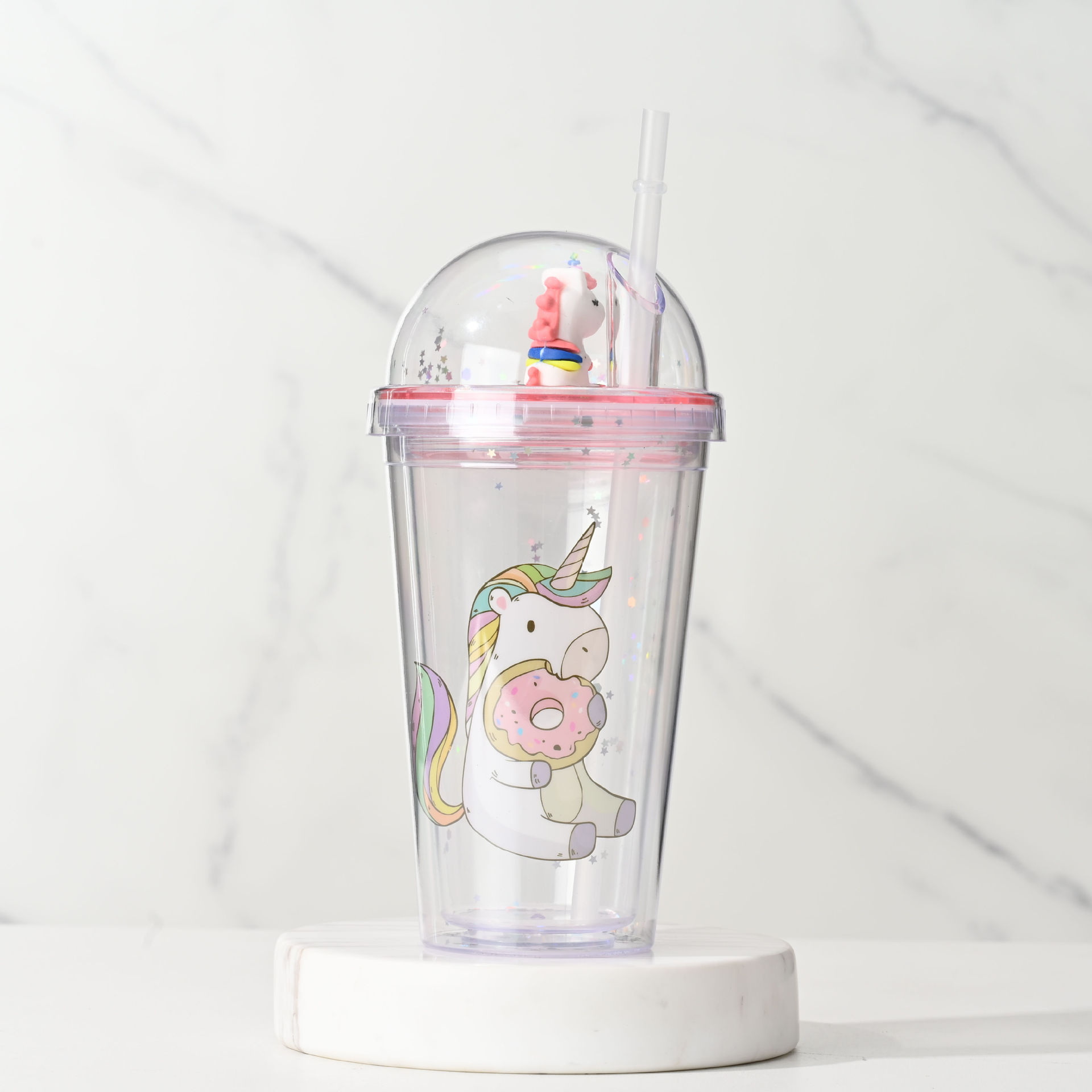 Internet celebridad de dibujos animados unicornio taza de agua de doble capa de plástico de hielo taza de trituración taza de paja taza de alto aspecto estudiante taza de los niños