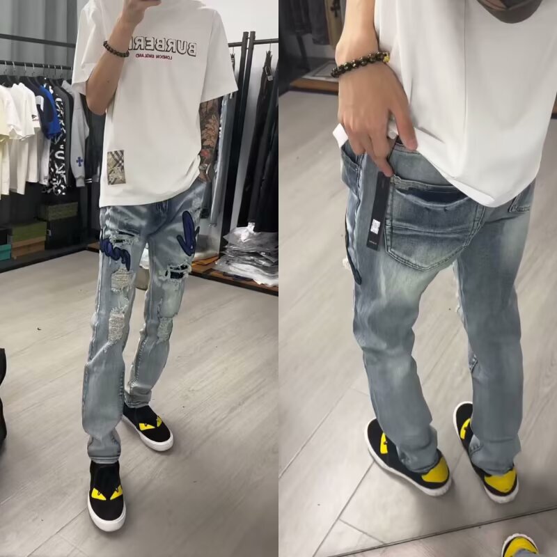 Cross-Border Foreign Trade Style Punk Trendy Fashion Blue Ripped Patchwork Paint-Stained Slim Straight Men's Jeans Cross-Border Foreign Trade Style Punk Trendy Fashion Blue Ripped Patchwork Paint-Stained Slim Straight Men's Jeans