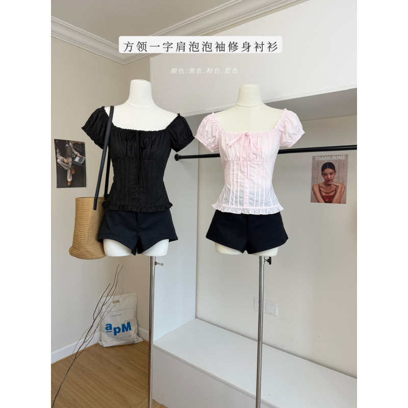 Hollow-Out Square-Neck One-Shoulder Puff-Sleeve Blouse with Bow Lace Shirt for Women Hollow-Out Square-Neck One-Shoulder Puff-Sleeve Blouse with Bow Lace Shirt for Women