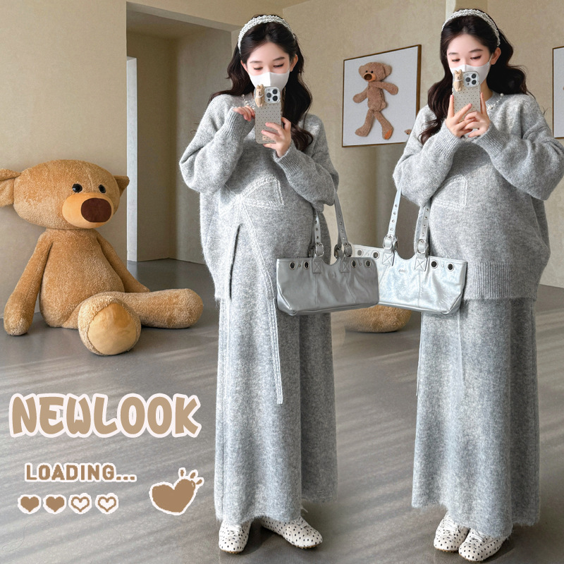 孕妇装2025秋冬新款韩版时尚针织开叉毛衣＋半身裙  孕妇套装
