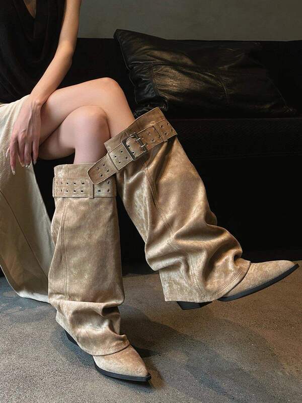 Wasteland Style American Hot Girl~Black Knee-High Pointed Toe Boots for Women with Large Tube Circumference and High Heels Western Trouser Boots