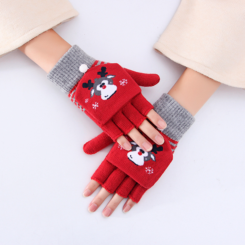 Christmas half finger clamshell Winter warm student handwriting men and women's thick warm cycling knitted gloves_maomaolike.com