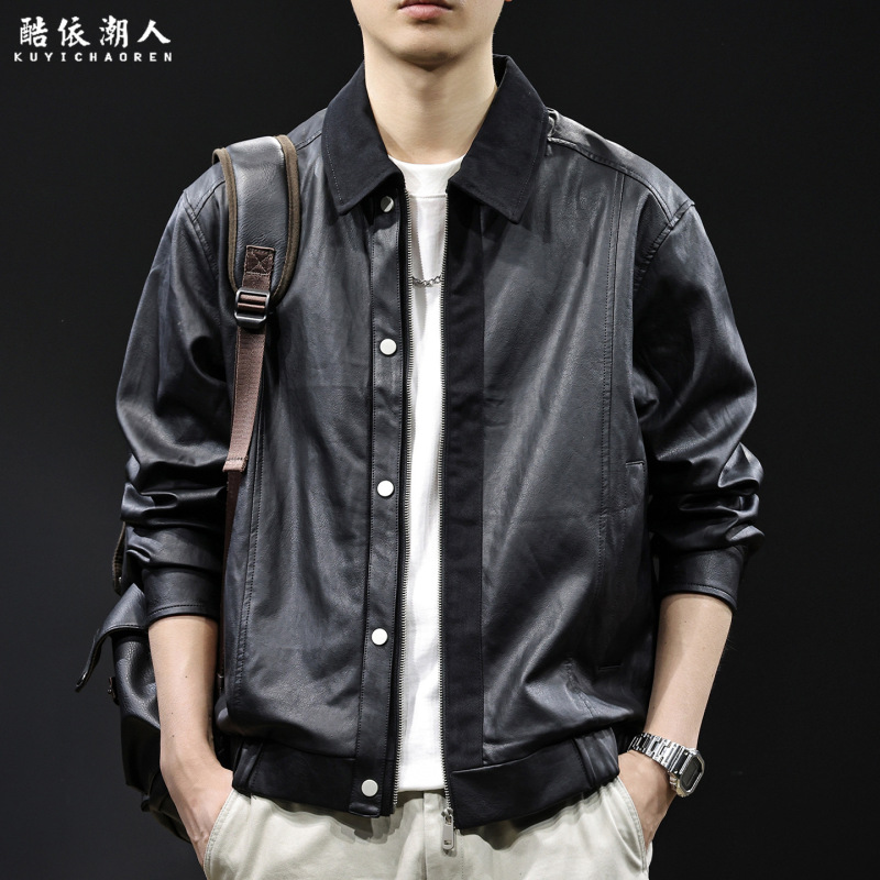 Delicate true black leather jacket for men, short style with a turn-down collar and zipper, motorcycle leather jacket, new 2026 autumn model, large size Delicate true black leather jacket for men, short style with a turn-down collar and zipper, motorcycle leather jacket, new 2026 autumn model, large size