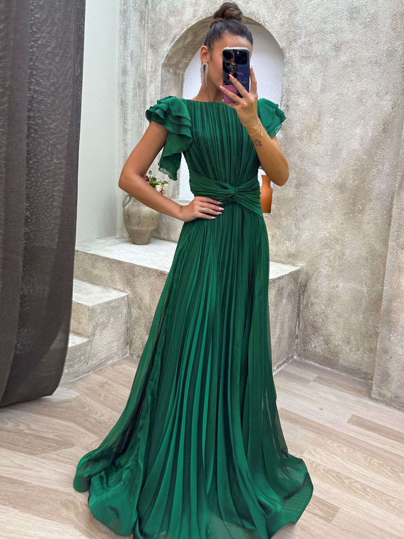 661W New European And American Fashion Women's Mid-Waist Slimming Long Pleated Dress, Large Hem Gown_ecoleips.com
