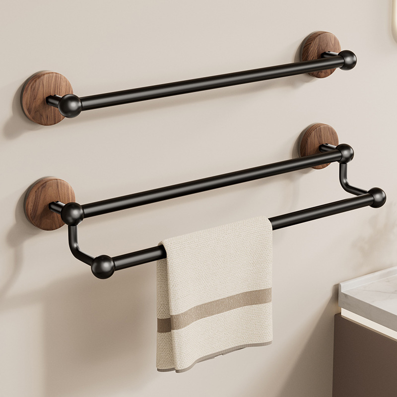 Walnut Wood Grain Mid-Century Style Bathroom Suction Cup Towel Rod, No-Drill Minimalist Bathroom Towel Rack with Double Rods