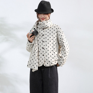 Autumn and Winter New Rain Dew Hemp Polka Dot Printed Round Neck Quilted Cotton Small Version Retro Literary Thin Cotton Jacket