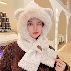 秋冬季帽子女可爱毛绒绒围巾加厚一体围脖毛绒帽骑车保暖护耳帽子