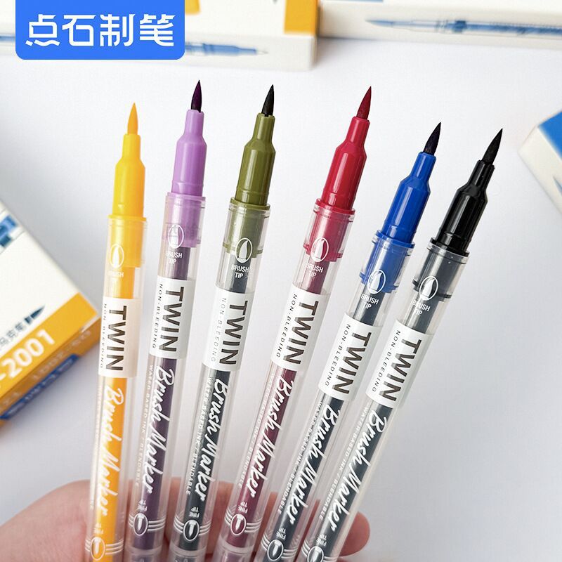 Dianshi 2001 Dual-Tip Marker Brush Pen for Highlighting and Correcting, Red Pen, Klein Blue Outline Marker