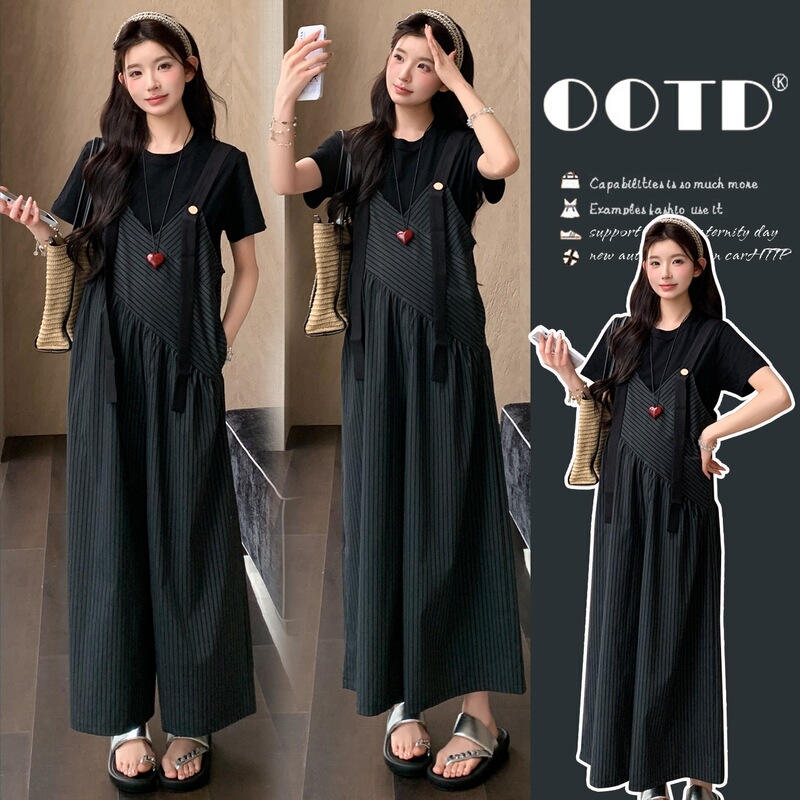 Maternity Short-Sleeved Shirt and Striped Overalls Set for Women, 2026 Summer Outfit, Wide-Leg Pants Two-Piece Set Maternity Short-Sleeved Shirt and Striped Overalls Set for Women, 2026 Summer Outfit, Wide-Leg Pants Two-Piece Set
