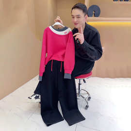 欧货休闲运动套装女春春秋2025新款显瘦设计感假三件卫衣长裤两件