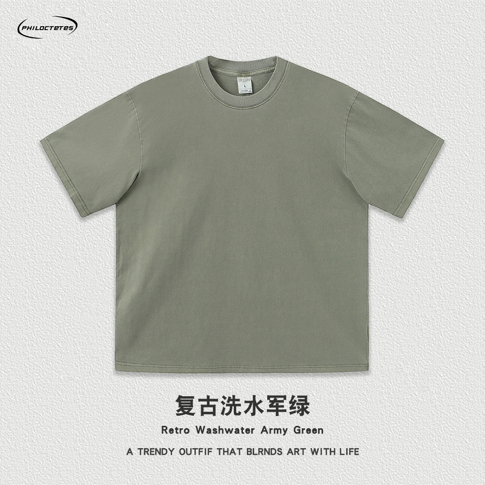 Comercio exterior pesado 260g flor frita apenado color sólido de manga corta Camiseta hombres y mujeres sueltos lavados camiseta de marca de moda estadounidense transfronteriza