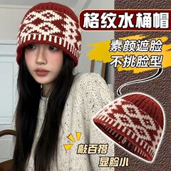 复古菱格针织帽冷帽女秋冬季韩版显脸小大头围毛线帽保暖防寒帽子