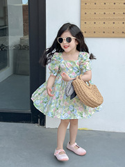 女童夏裝田園風小清新方領碎花泡泡短袖露背系帶公主連衣裙娃娃裙