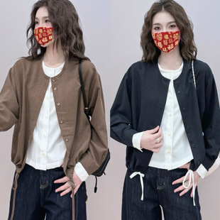 European Color-Blocked Fake Two-Piece Round Neck Long-Sleeved Shirt for Women 2025 Spring Fashion Hem Drawstring Versatile Cardigan Top