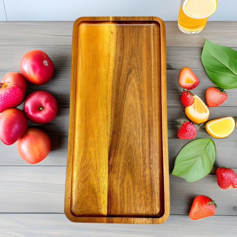 Japanese-Style Acacia Wood Tray, Solid Wood Bread and Dessert Serving Plate, Household Wooden Rectangular Fruit Plate