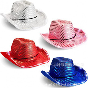 Silver Pink Sequined Cowboy Hat with Lights Western Cowboy Colorfulful Cowboy Hat with Lights Composite Eva Hat with Lights