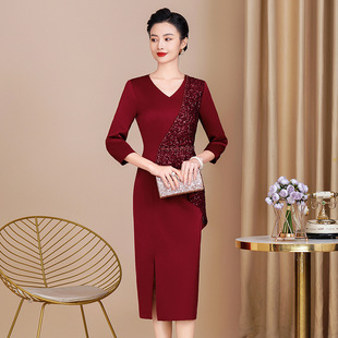 High-end wedding mother dress 2024 spring dress happy mother-in-law wedding banquet can usually wear foreign-style belly cover fake two pieces
