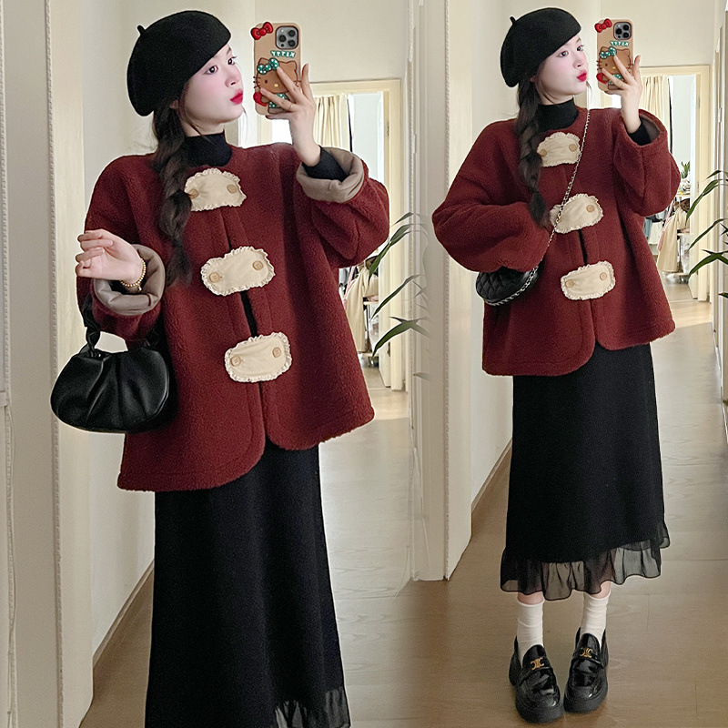 임산부 옷 가을 겨울 정장 신상 중국 스타일 국가 스타일 설날 전투 가운 재킷 속옷 니트 바텀 롱 스커트 투피스 정장