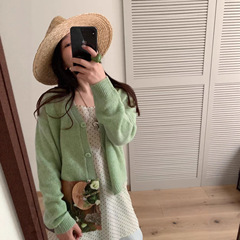 100%全羊毛针织衫女开衫秋季外搭新款韩标V领韩系毛衣短款外搭薄