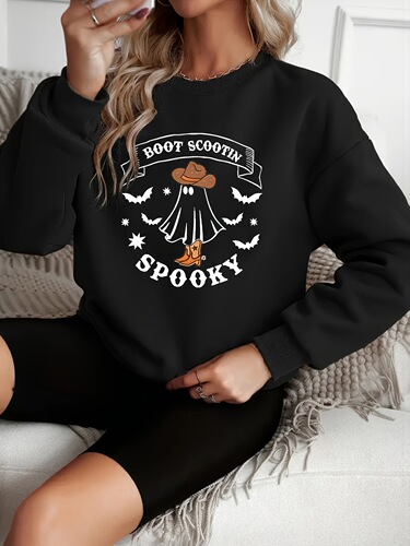 Halloween Graphic Print Sweatshirt for Women, Casual Crew Ne