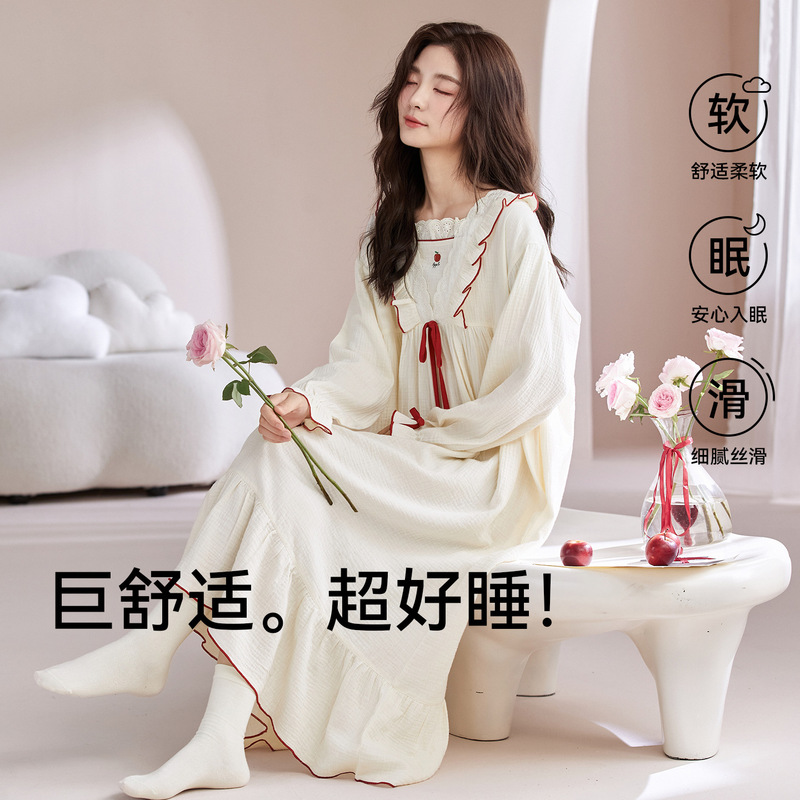 Pure Cotton Gauze Nightgown for Women Spring and Autum Long-Sleeved Thin Cartoon Sweet Home Wear Long Dress Round Neck Pullover