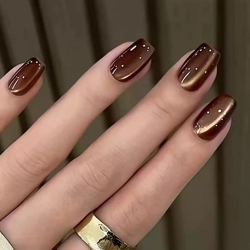 24-Piece Set of Coffee-Colored Cat-Eye Short Square Press-On Fake Nails, Popular Autumn and Winter Cat-Eye Wearable Nails, Copper Mirror Cat-Eye