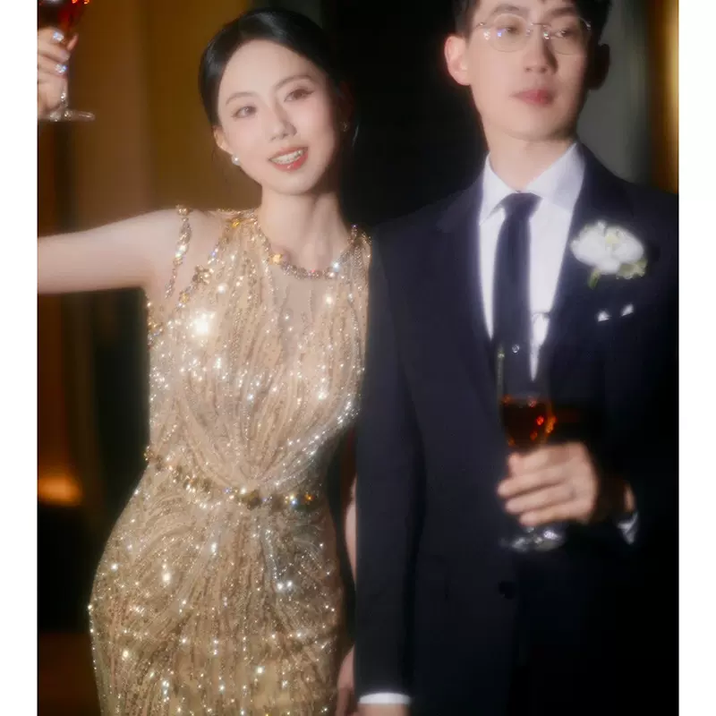 金色重工敬酒服2026新款新娘宴会复古气质名媛小众订婚鱼尾晚礼服