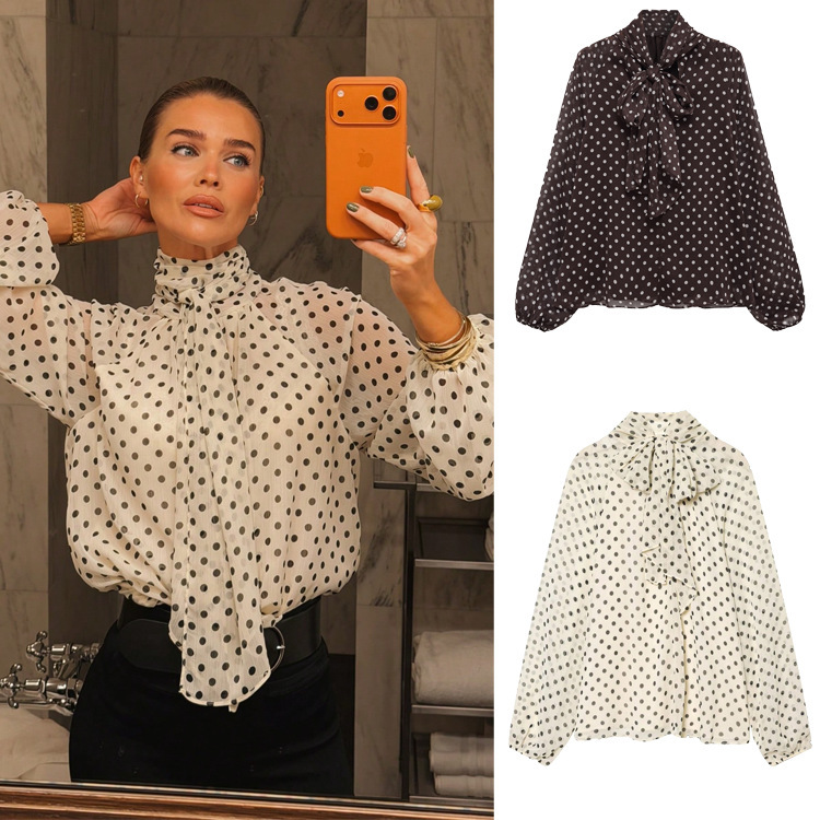 Cross-Border Spring New Style French Polka Dot Design Long-Sleeved Shirt for Women, Loose Lace-Up Top, European and American Style Fashion