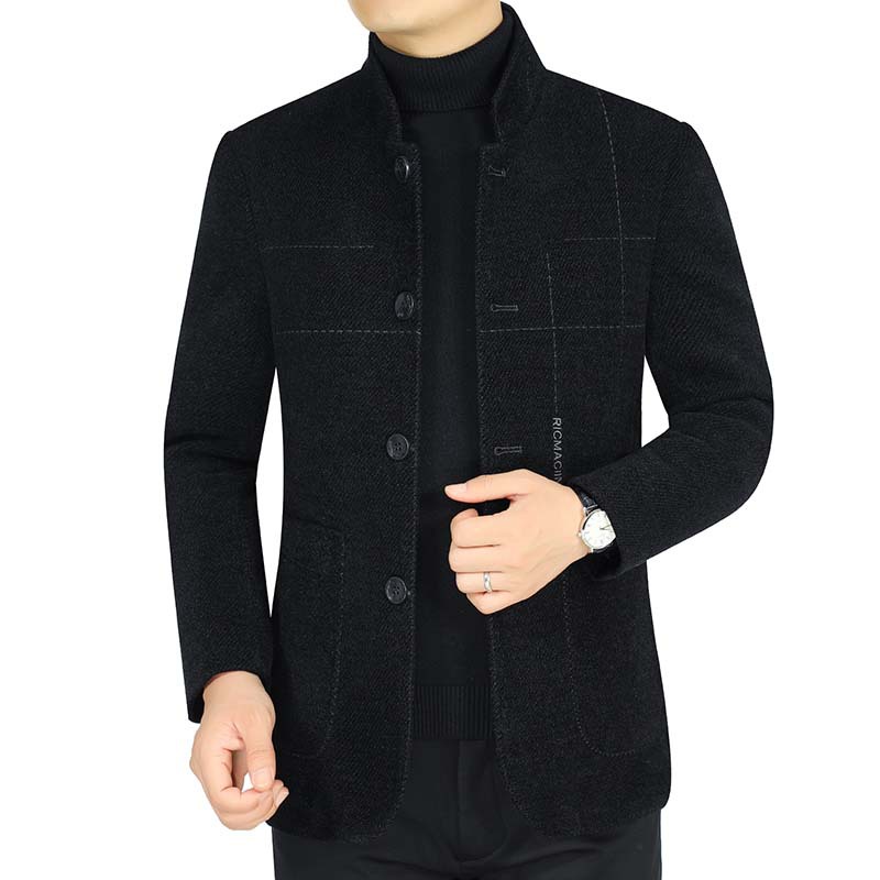 冬季雪尼尔加厚男式夹克新款中年时尚格纹立领宽松男外套爸爸装