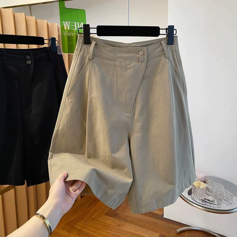 Pure Cotton Work Shorts for Women 2025 Summer Korean Style New High-Waisted A-Line Straight Wide-Leg Five-Point Pants Thin Pants