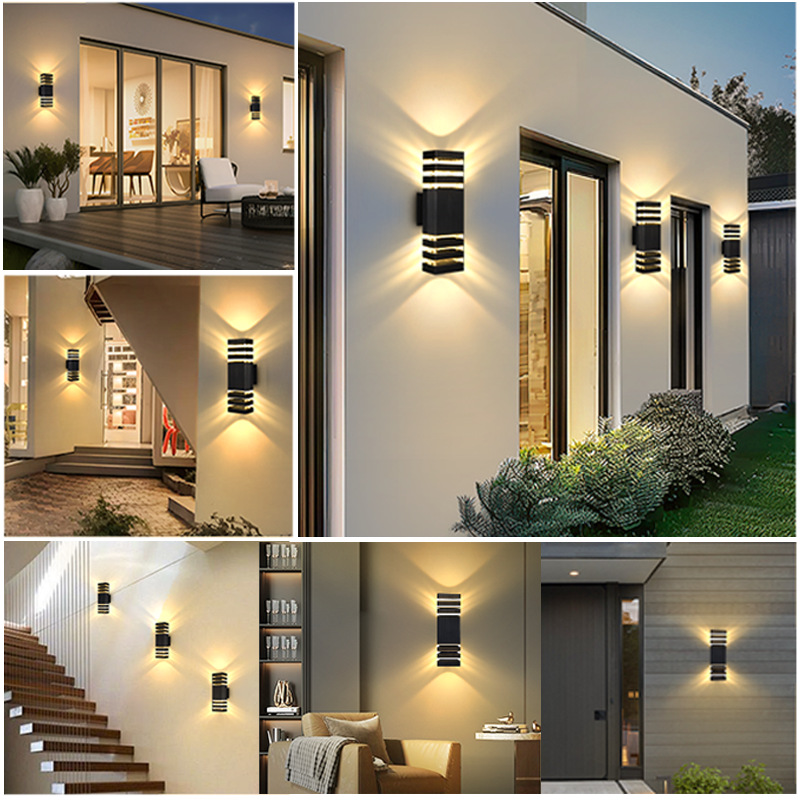 Lámpara de pared impermeable para exteriores de doble cabezal E27, iluminación ascendente y descendente de plástico, luz frontal para puerta de pasillo, luz LED colgante de pared para patio.