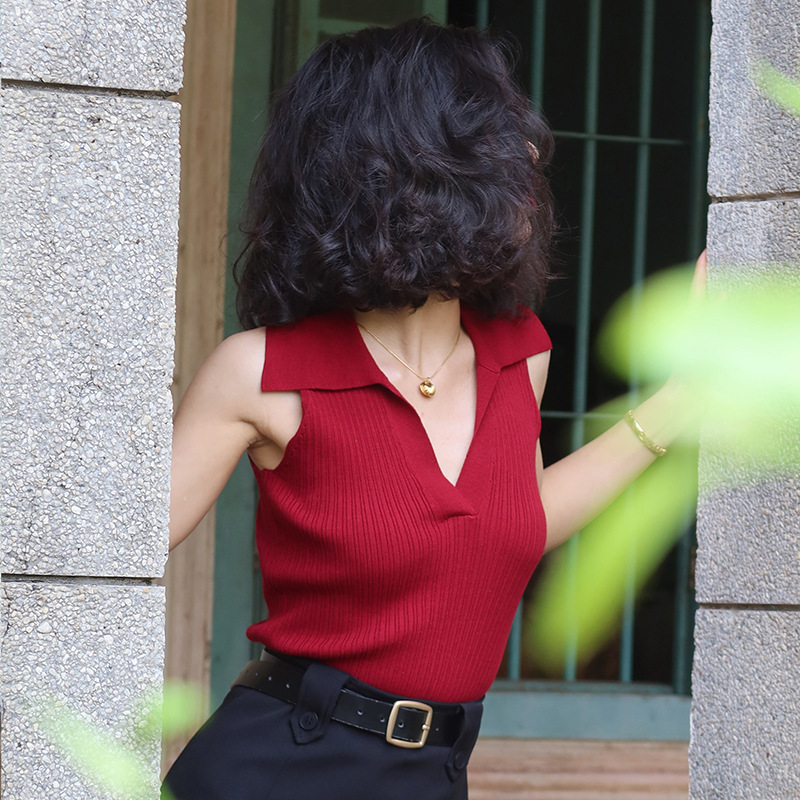 Summer | Hong Kong Hong Kong Style Retro Hong Kong Style Knitted V-Neck Spice Girls Sexy Shoulder Sleeveless Slim Neck Vest for Women