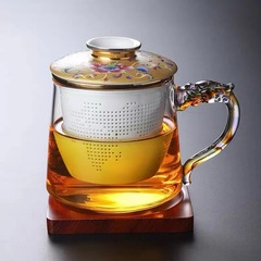 Court-style enameled heat-resistant glass teacup with tea brewing cup, tea water separation ceramic inner bowl, dragon handle teacup