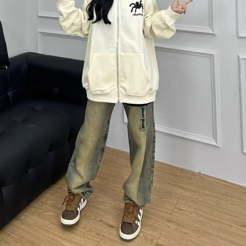 2024 New Slim Fit High Street Jeans with American Style Straight Washed Yellow