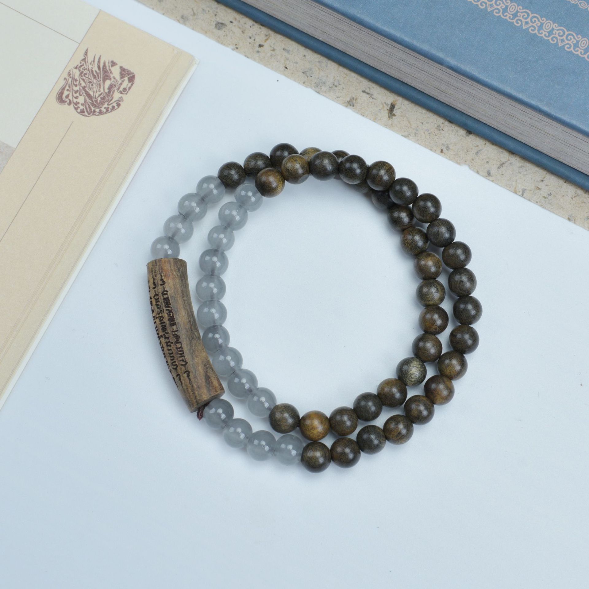 Shen Guibao 이중 원형 회색 마노 반팔찌