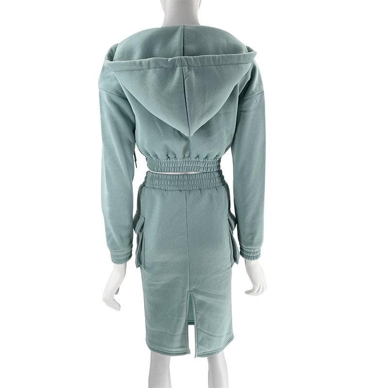 Women's Skirt Suit V Neck Hooded Solid Colour Long Sleeve Set_voghion.com
