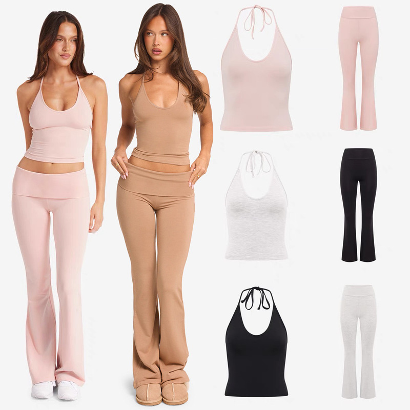 Foreign Trade Cross-Border Yoga Suit for Women with Chest Pad and Neck Vest High-Waist Nude Quick-Drying Sports Fitness Flared Trousers Foreign Trade Cross-Border Yoga Suit for Women with Chest Pad and Neck Vest High-Waist Nude Quick-Drying Sports Fitness Flared Trousers