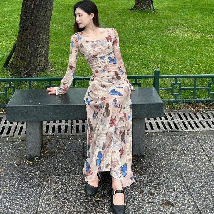 欧美跨境外贸法式复古蝴蝶清冷长袖连衣裙女修身显瘦气质包臀裙子|undefined
